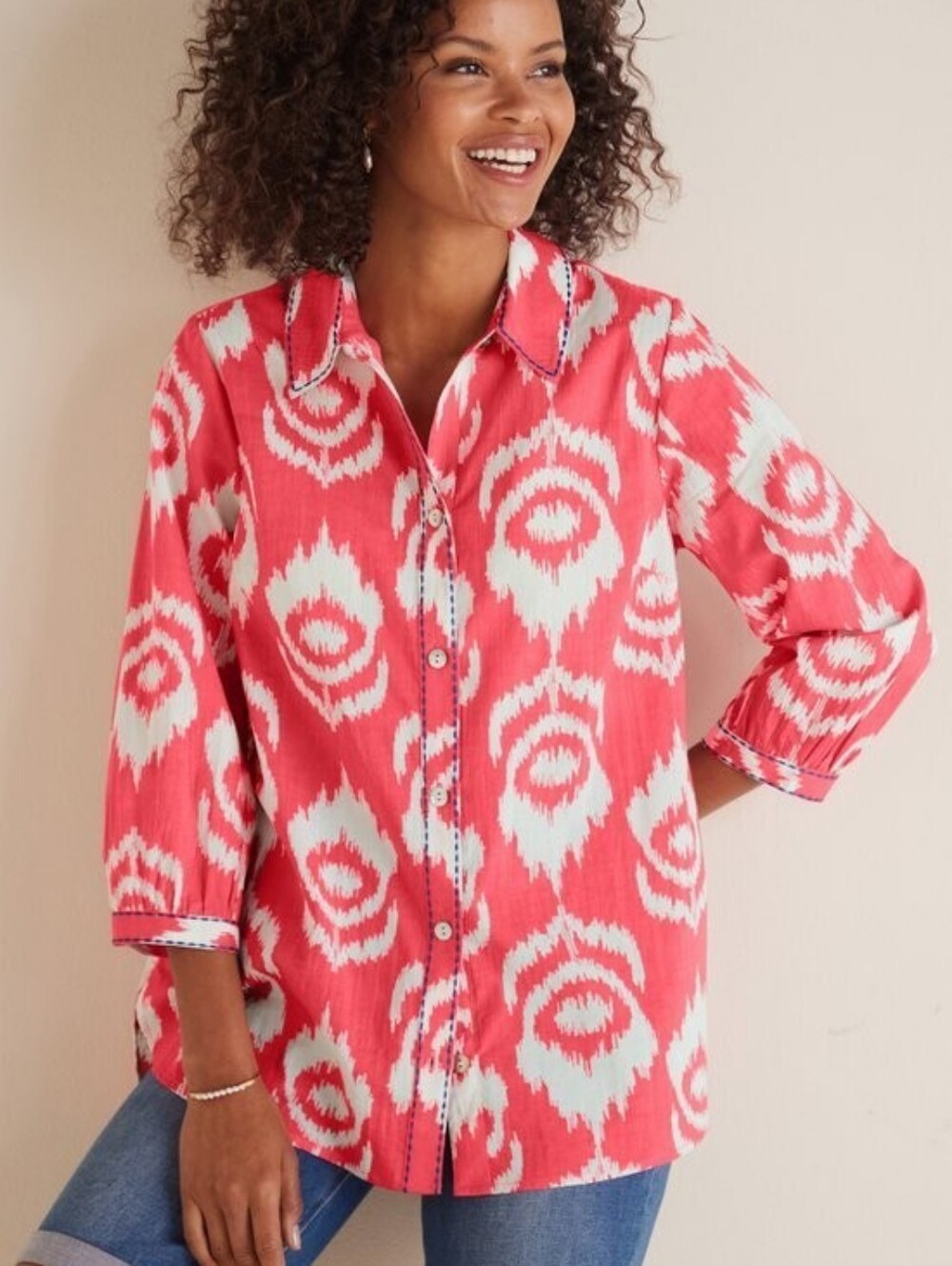 Soft Surroundings Coral Ikat Button-Front Shirt
